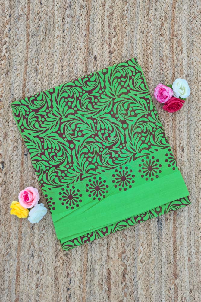 Chettinad Cotton Saree - Neon Green/Brown