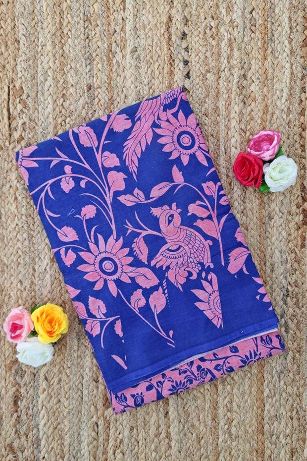 Chettinad Cotton Saree - Navy Blue/Pink