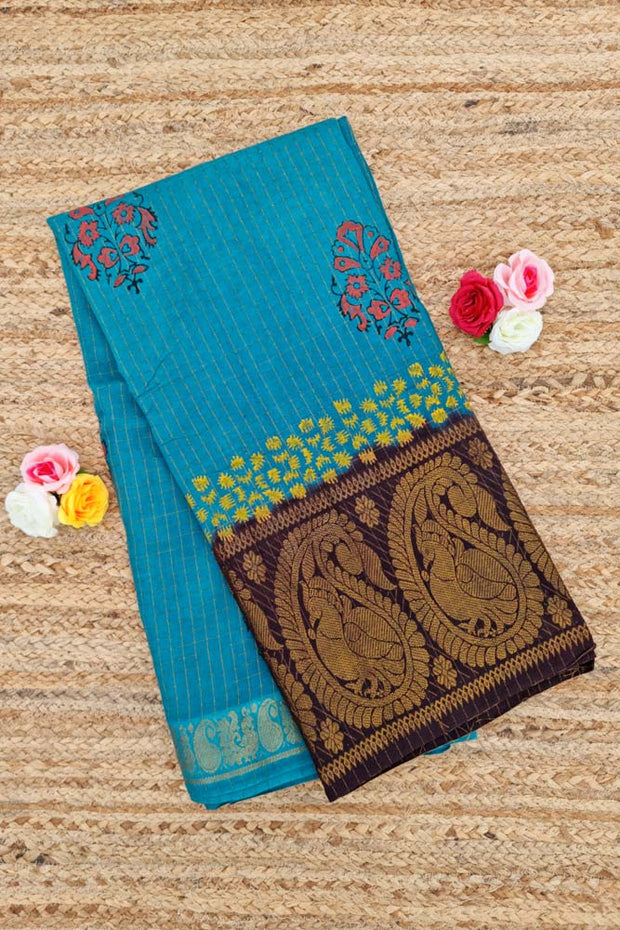 Hand Block Sungudi - Blushish Green/Brown