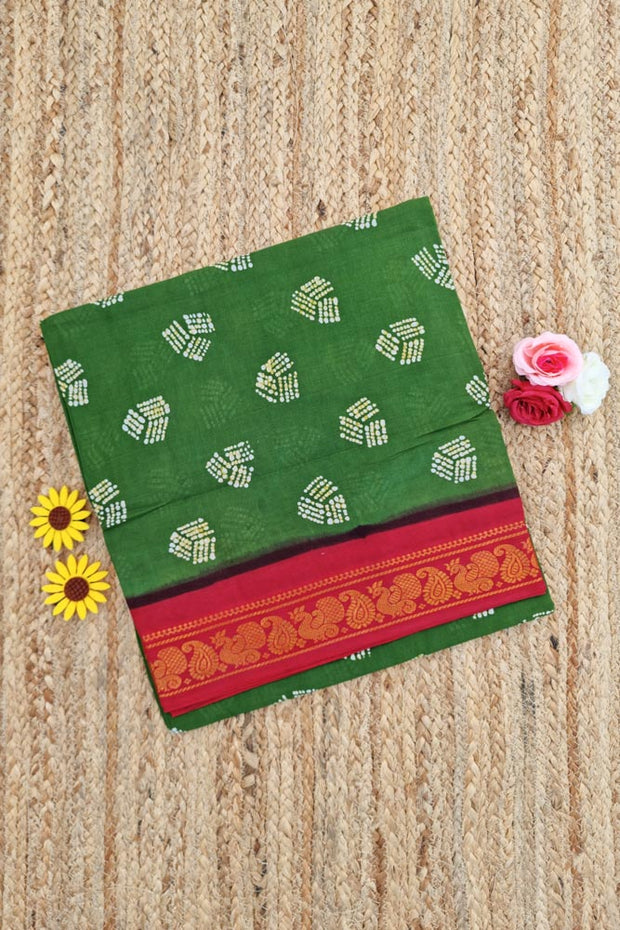 Malar Sungudi One Side Border - Forest Green