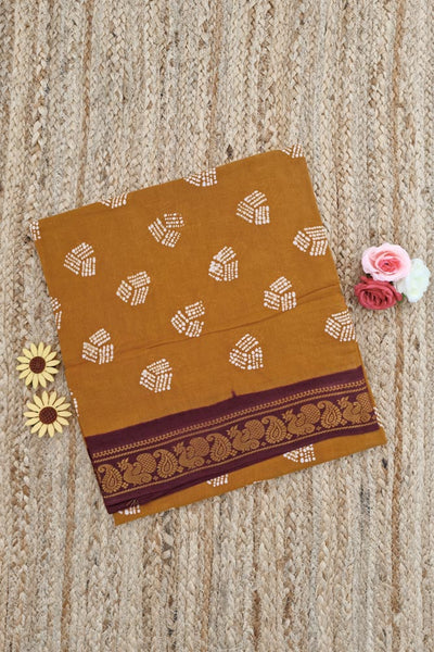 Malar Sungudi One Side Border - Mustard Brown