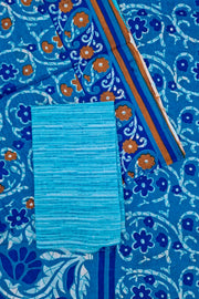 Voil Saree With Blouse - Bright Blue/White