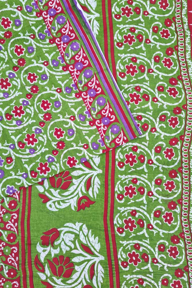 Voil Saree With Blouse - Mint Green/Red