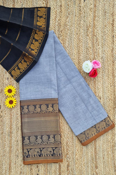 Kanchi Narayanapet Series W/ Blouse  - Light Bluish Grey