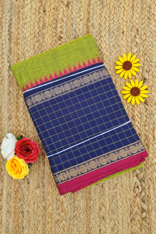 Chettinad Border Checks Saree - Dual  Olive Green